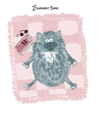 gray cat resting on a pink blanket summer time