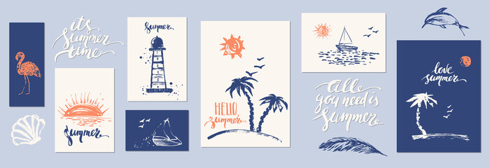 Set of cards and summer background with lighthouse, palms, sea, boat