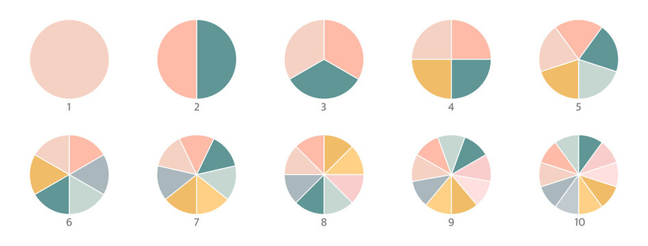 Pie chart color icons. Segment slice sign. Circle section graph. 1,2,3,4,5 segment infographic. Wheel round diagram part symbol. Three phase, six circular cycle. Geometric element. Vector illustration