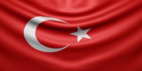 Hanging wavy national flag of Turkey with texture. 3d render.