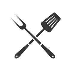 Barbecue icon. Grill fork and Spatula isolated on white background. Barbecue, Grill, Steak House icon. Design element for logo, label, badge. Vector illustration.