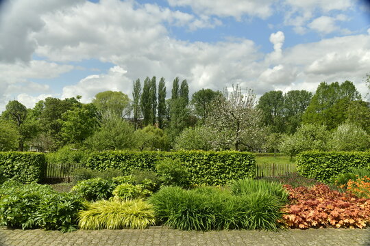 Parterre de fleurs le long d'une all&eacute;e pav&eacute;e au Jardin Jean Sobieski &agrave; Laeken 