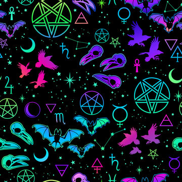 witchcraft seamless pattern with different magic elements and animals