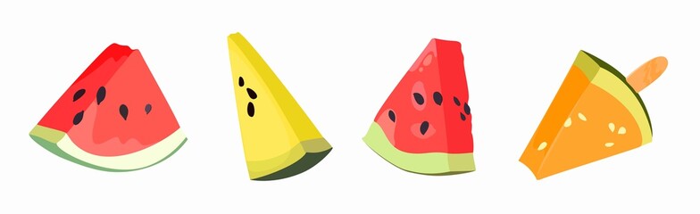 Fresh watermelon fruit. Set of pieces in various shapes and colors. Summer food concept illustration isolated on white background.