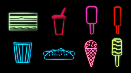 Neon bright glowing multicolored set of eight icons of delicious food and snack items for cafe bar restaurant: sandwich, ice cream, soda, popcorn, hot dog