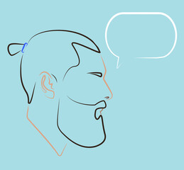 Portraits. Silhouette of bearded guy with dialogue speech bubble. Linear avatar. Conversation. Dialogue. Bearded man. Flat illustration of face. Head icon.