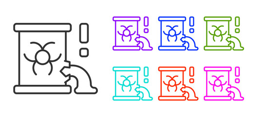 Black line Radioactive waste in barrel icon isolated on white background. Barrel with radioactive and toxic substance is spilled. Set icons colorful. Vector