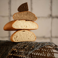 Tower of different types of bread halves. White, dark, wheat and rye mixed bread. Copy space at right side. Soft focus.