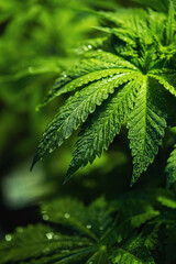 Close-up of hemp leaves with raindrops. Background image of green leaves selective focus. Cannabis leaves, medical drug. Water Droplets on the marijuana leaves.