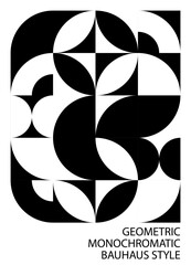 Abstract black white background, bauhaus style. Geometric pattern, circle, semicircle, arc corner, leaf. Texture design for print, cover, poster, flyer, brochure, banner, wall. Vector illustration.
