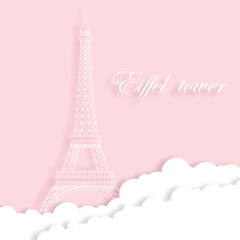 Fototapeta na wymiar Paper cut of France landmark, travel and tourism concept. Silhouette of Eiffel tower and clouds. Vector illustration. Paper art of Paris. Origami concept.