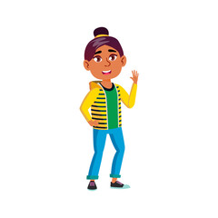laughing girl welcoming waving hand cartoon vector. laughing girl welcoming waving hand character. isolated flat cartoon illustration