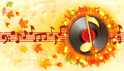 Autumn background with fallen leaves, notes and vinyl record.