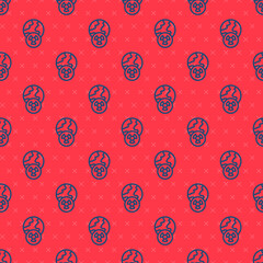Blue line Planet earth and radiation symbol icon isolated seamless pattern on red background. Environmental concept. Vector
