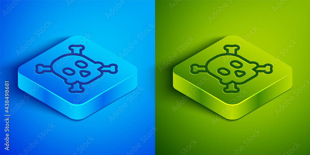 Poster isometric line bones and skull as a sign of toxicity warning icon isolated on blue and green backgro