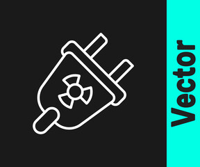 White line Radiation electrical plug icon isolated on black background. Nuclear energy. Vector