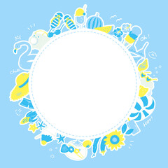 ポップな夏の手描きイラストフレーム【ブルー×イエロー】