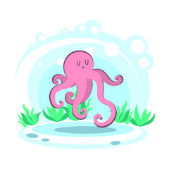 Cartoon cute pink octopus. Wild sea animal. Stylized character in the location of the sea or ocean. simplified style. Vector stock illustration. educational card for children. Wildlife. aquarium
