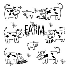 Farm cow  set.Doodle cow family.Farm with cow bull calves eat grass drink water.Outline set of farm cow vector icons for web design isolated on white background