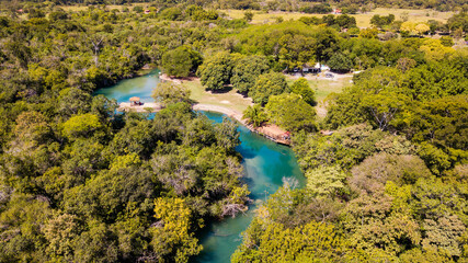 Fototapeta na wymiar Municipal bathhouse of Bonito. Aerial view of the park and the river with clear, green waters