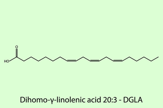 Dihomo-&gamma;-linolenic acid - Omega 6 biomolecule molecular formula. Skeletal molecule structure vector eps10.