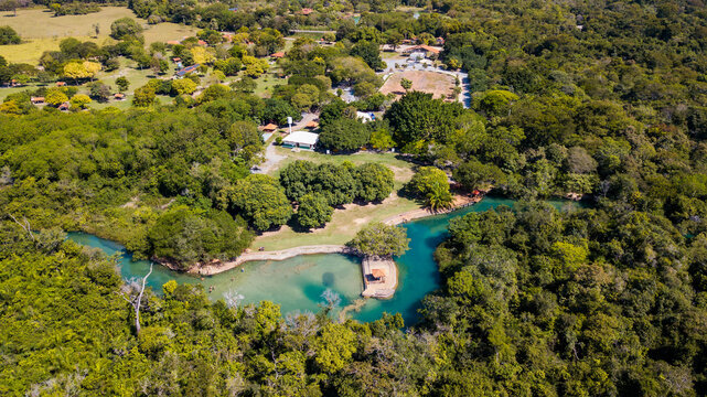 Municipal bathhouse of Bonito. Aerial view of the park and the river with clear, green waters