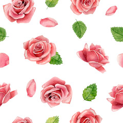 geometric seamless pattern of watercolor delicate pink flowers, leaves, roses
