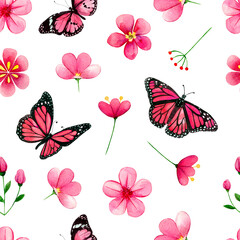 geometric seamless pattern of watercolor delicate pink flowers, leaves