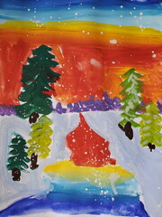 Kid drawing of colorful magic forest with rainbow lake and green conifer trees in winter landscape with snow made by white paint drops. Art education for children. Fairy tale hand drawn picture