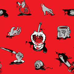 Seamless pattern on a Halloween theme with severed hands and head, torn out human heart and eyes in a puddles of blood. Repeating vector background with horrible cartoon pictures on a red backdrop
