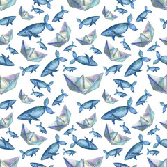 Watercolor whale and boat pattern. Seamless pattern with hand-drawn watercolor illustrations. Texture for wrapping paper, fabric, decor, cover design, wallpaper, poster, template