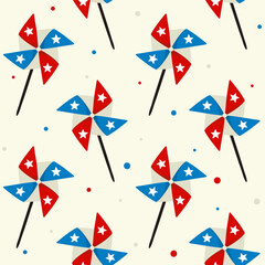 Seamless pattern with pinwheels for USA Independence Day. Background of elements for July 4th in the national colors of the United States of America. Vector illustration for holiday or election.ric - obrazy, fototapety, plakaty