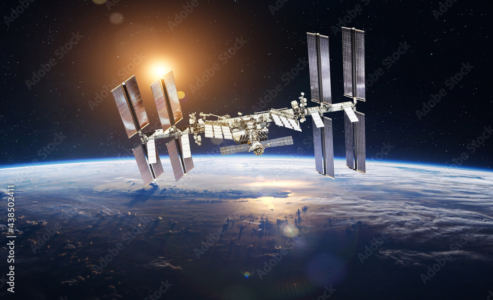 Poster international space station on orbit of the earth planet. iss in the outer dark space. elements of t