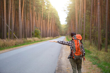 Female tourist in a checked shirt with an orange large backpack near a highway in the woods votes to get a ride. Hitchhiking, domestic tourism. Backpacker, adventure alone, trip, hike