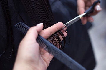 Woman getting a new haircut. Female hairstylist cutting her long black hair with scissors in hair salon