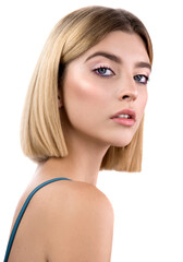 Beautiful young blonde woman with perfect skin, short stylish blond bob hairstyle and classical...