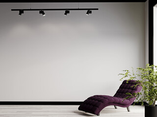 3d render. large room with an empty light wall. Backlighting by spotlights. Purple ottoman and large plant