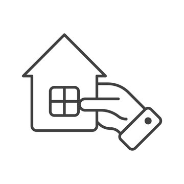 Icon of the hand holding a small house. Simple linear symbol of owning, investing or protecting a home. Isolated vector on pure white background.