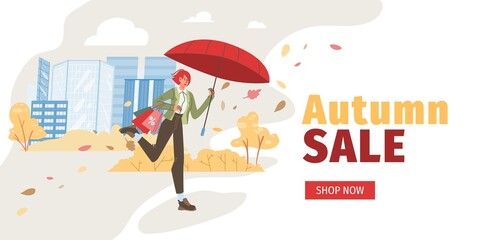 Vector flat cartoon characters at autumn sale,walking and run for shopping discounts - online web season sales,social media,fashion,emotions,lifestyle concept