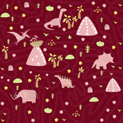 Childish seamless pattern with hand drawn dino in scandinavian style.