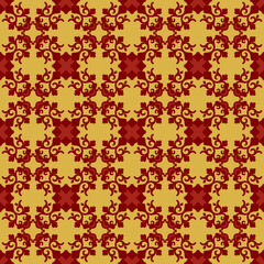 Red floral print on a yellow background in oriental style. Seamless beautiful fashion background with flower motif texture . Wallpaper vector repeat. Vector.