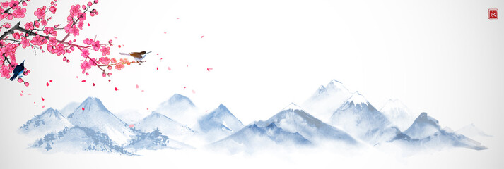 Blossoming sakura branch and misty mountains with gentle slopes. Traditional oriental ink painting sumi-e, u-sin, go-hua. © elinacious