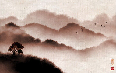 Landscape with little house on the hill and misty forest mountains. Traditional oriental ink painting sumi-e, u-sin, go-hua.