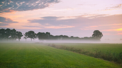 Early morning ground fog in the countryside. - obrazy, fototapety, plakaty