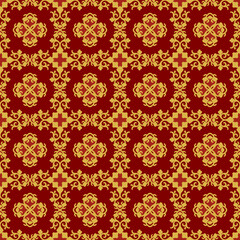 Red floral print on a yellow background in oriental style. Seamless beautiful fashion background with flower motif texture . Wallpaper vector repeat. Vector.