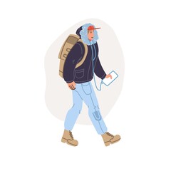 Vector flat cartoon character walking outdoor in snow at winter season - fashion,emotions,healthy lifestyle social concept