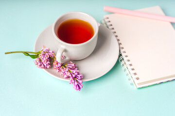 Beautiful minimalist background with floral composition and tea mug, copy space on light blue backround