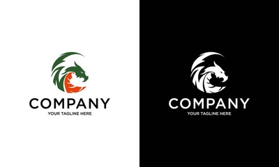 dragon logo template silhouette flat color design, vector illustration