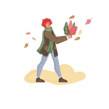 Vector flat cartoon character in autumn season outdoor picking fall leaves for herbarium - fashion,emotions,healthy lifestyle social concept