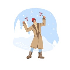 Vector flat cartoon character celebrate Christmas,New Year holidays outdoor in snow at winter season - fashion,emotions,healthy lifestyle social concept